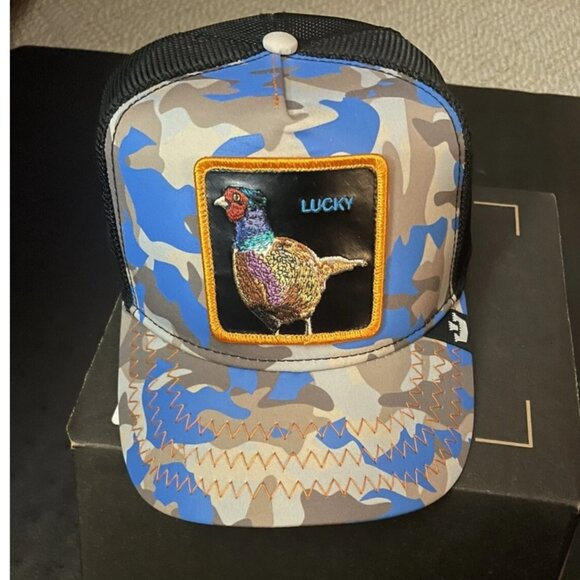 NWT Limited Edition Goorin Bros Luck Stays Down Blue Tan Camo Trucker Hat Unisex - Picture 11 of 13
